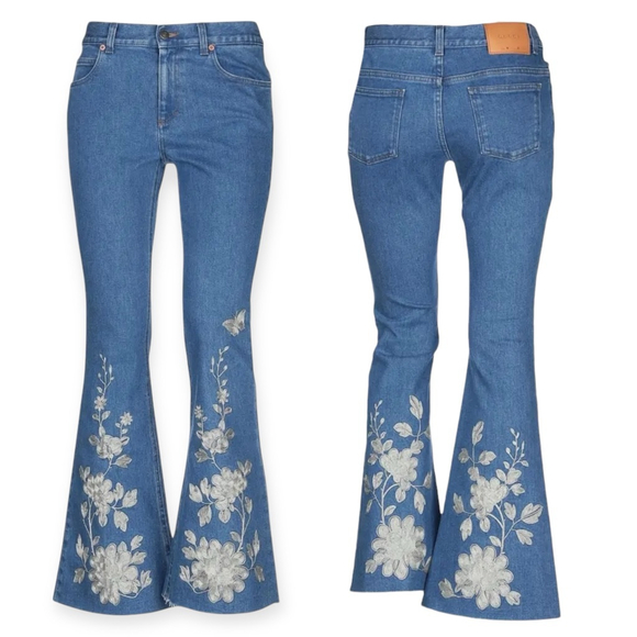 Gucci Embroidered Flared Jeans High Rise Floral Blue Denim Pants Size 28 NWT - Picture 4 of 11